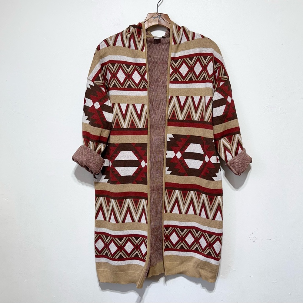 NWOT Simons Twik Red Tan Aztec Hooded Knit Cardigan Size Medium